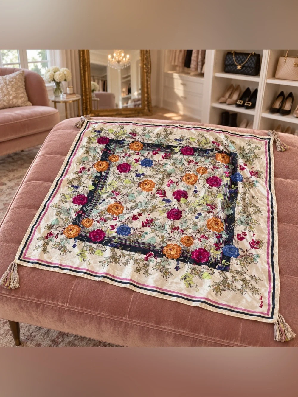Johnny Was Felix 100% Silk Botanical Floral Tassel Scarf Wrap 44” Square